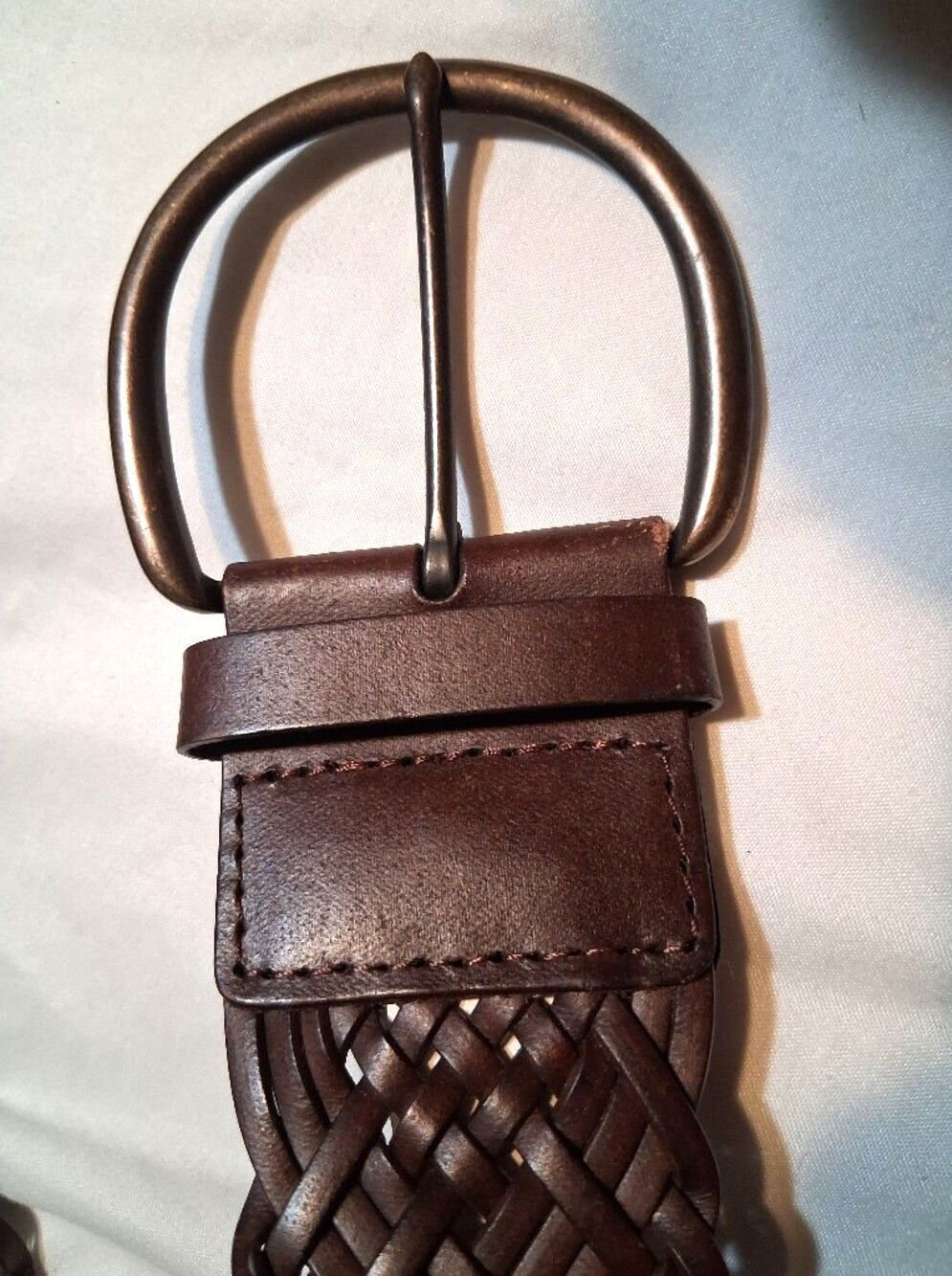Woven Braided Bonded Leather Belt Dark Brown Antique Brass Buckle Adjustable - Picture 4 of 7